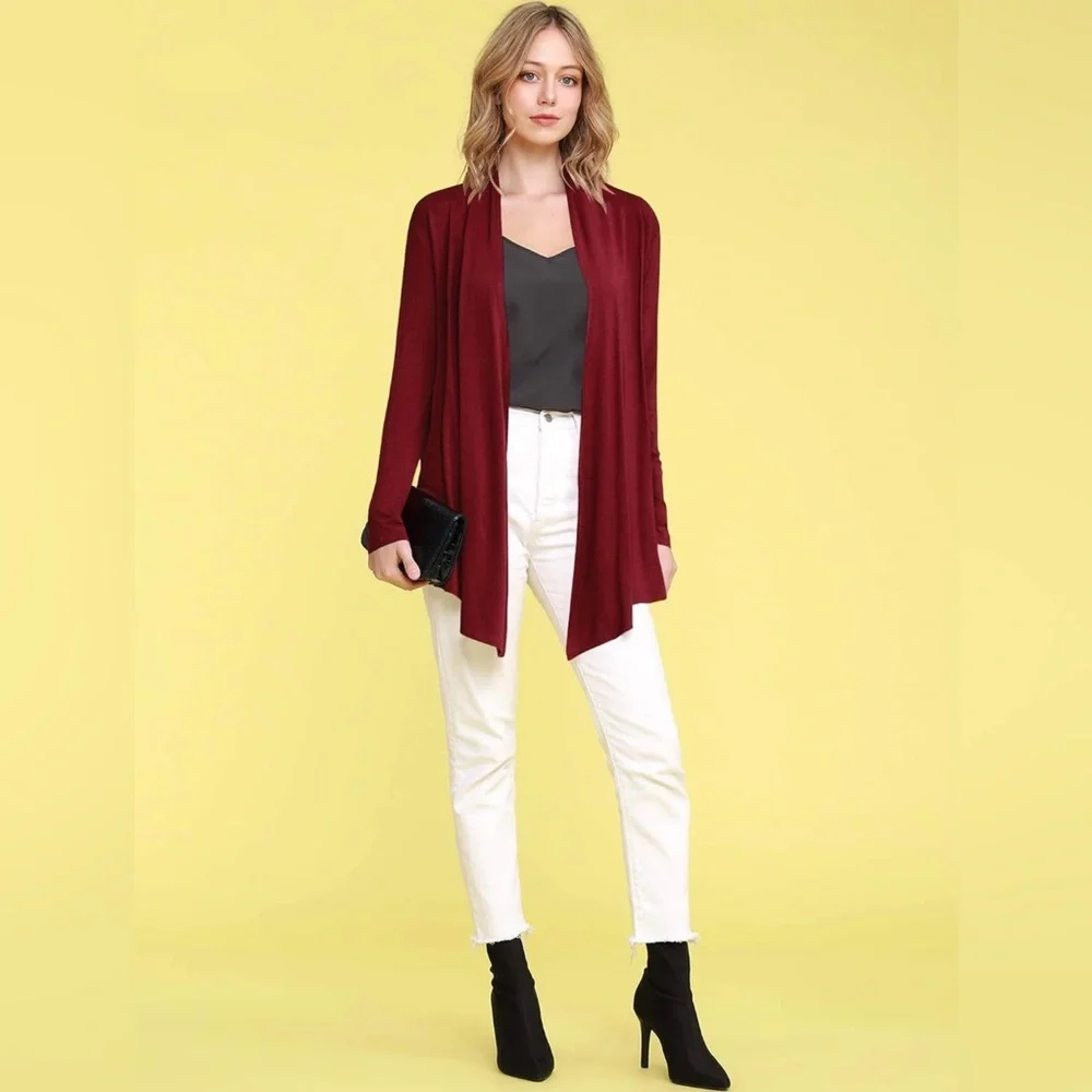 Draped Front Open Cardigan Casual Long Sleeve Lightweight Cardigan -wine